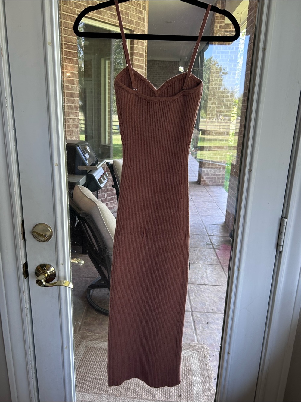 Ribbed Midi Slip Dress with Sweetheart Neckline — Brown